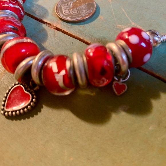 Hearts - Enameled Red Heart Drop Charm Bracelet -  Red Bead Bracelet - Picture 2 of 7